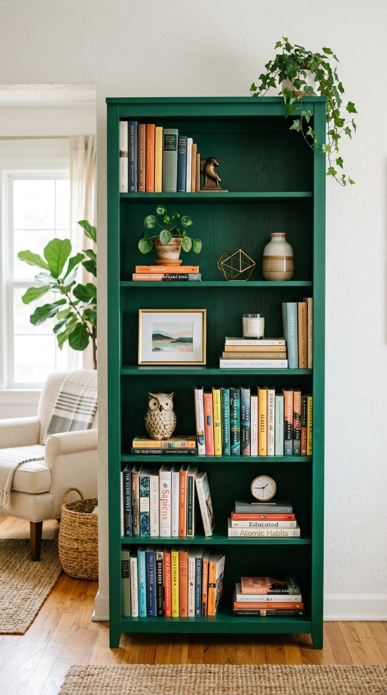 009 Add a Bold Bookshelf A living room bookshelf paint