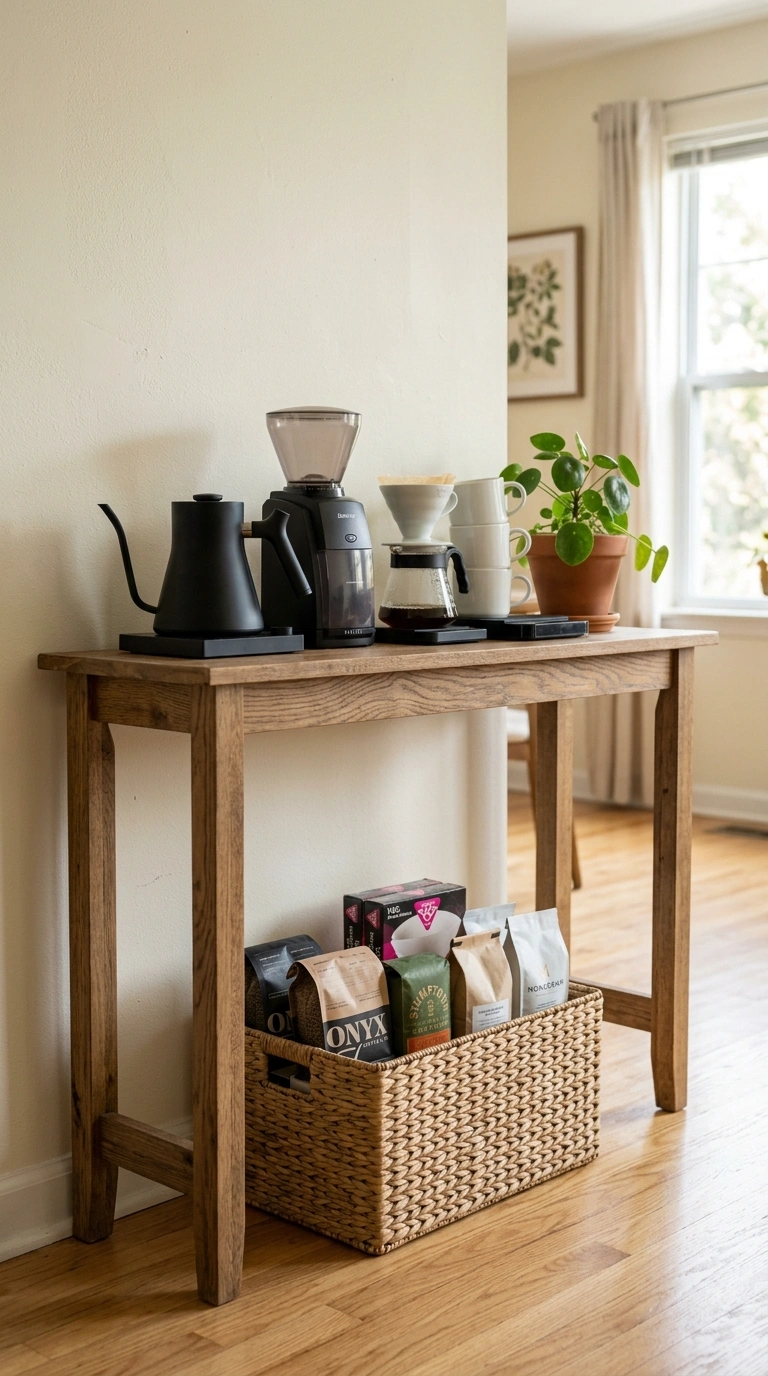 009 Basket Storage Under A narrow console table used a