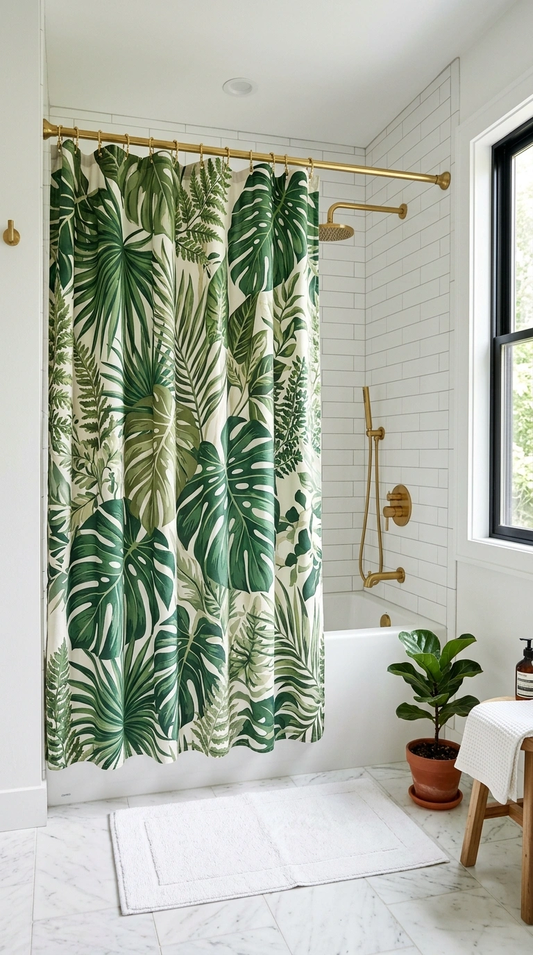 009 Bold Print Curtain A white tiled bathroom with a l