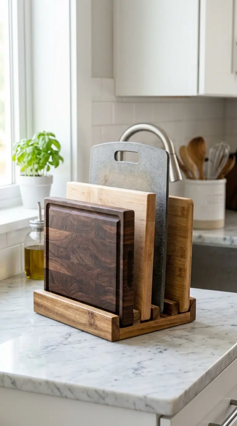 009 Cutting Board Slots A wooden vertical slot rack on