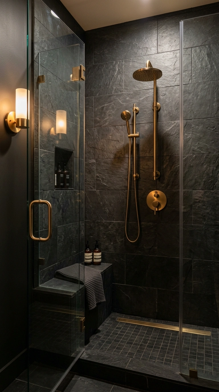009 Dark Moody Slate A shower fully tiled in dark char