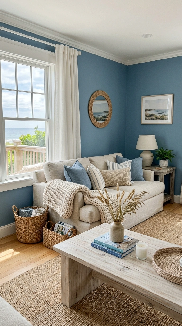 009 Dusty Blue and White A coastal style living room w