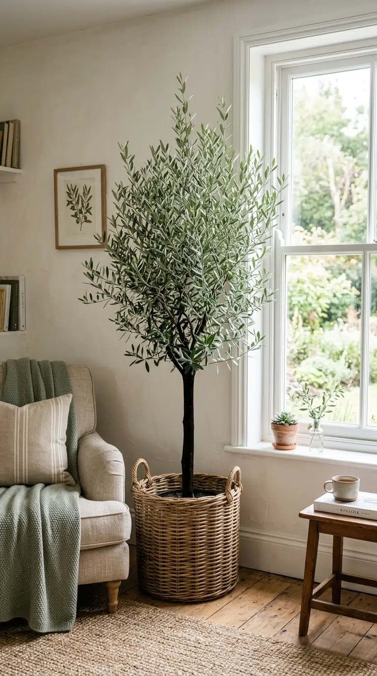 009 Indoor Olive Trees A living room corner with a tal
