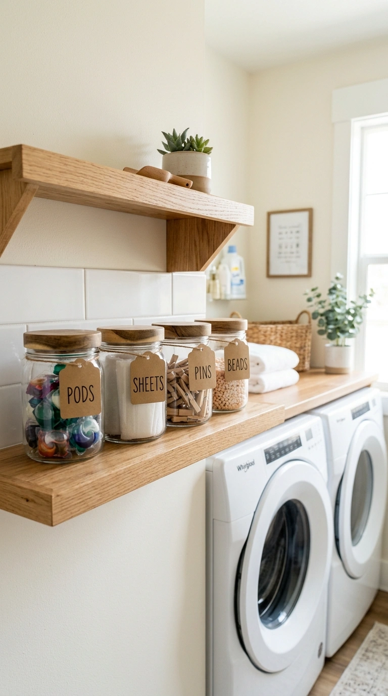 009 Labeled Storage Jars A row of four glass jars with