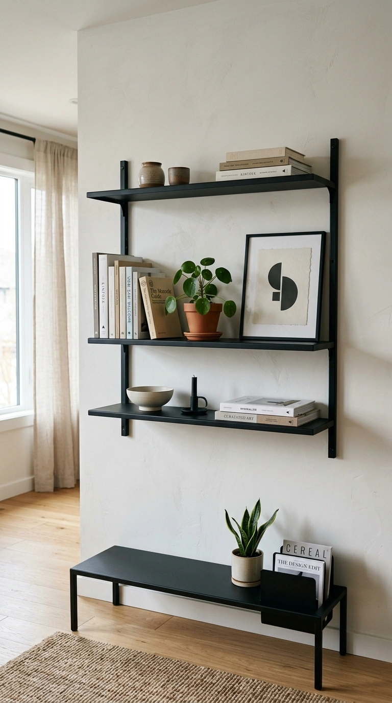 009 Minimalist Open Shelving A living room wall with s