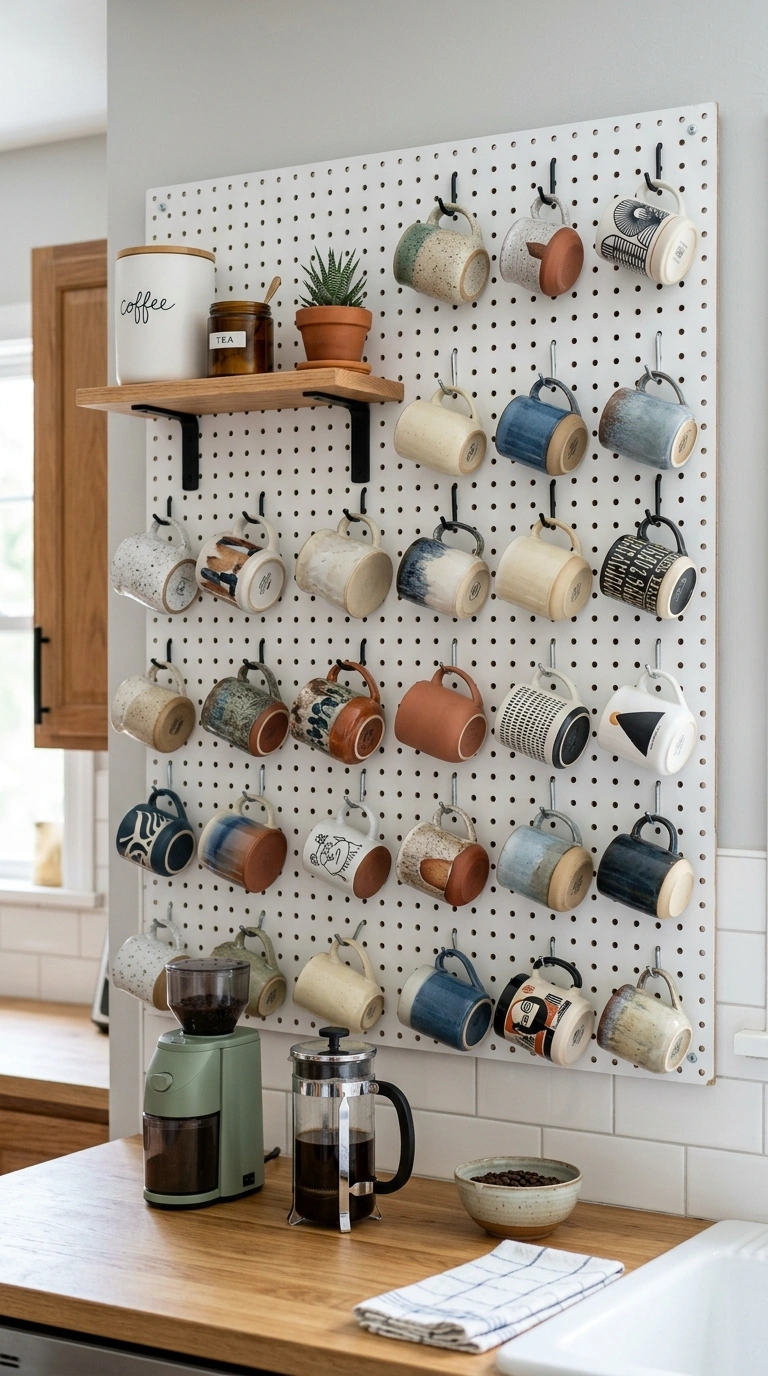 009 Pegboard Mug Wall A white painted pegboard mounted