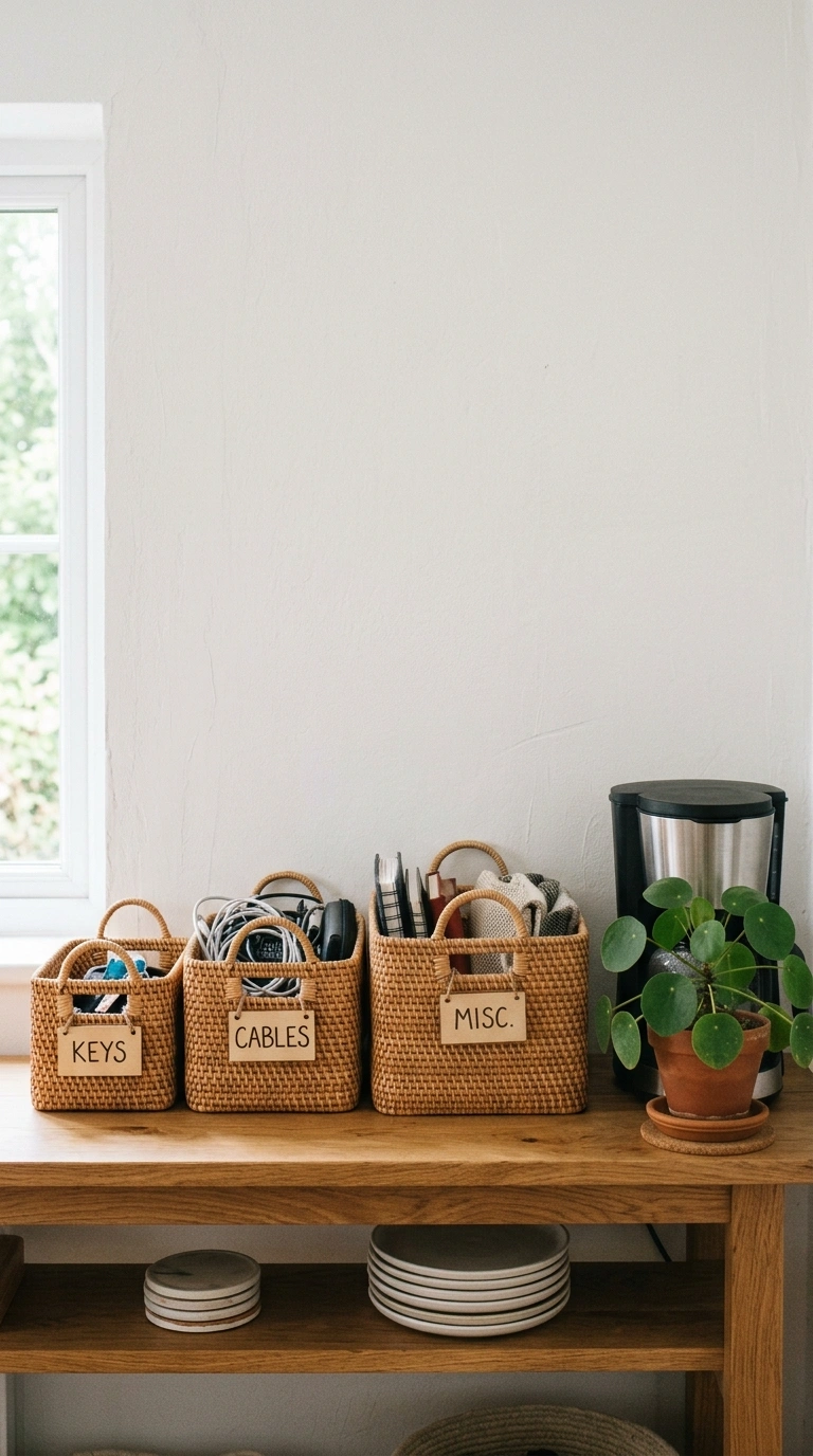 009 Rattan Basket Storage A wood shelf lined with thre