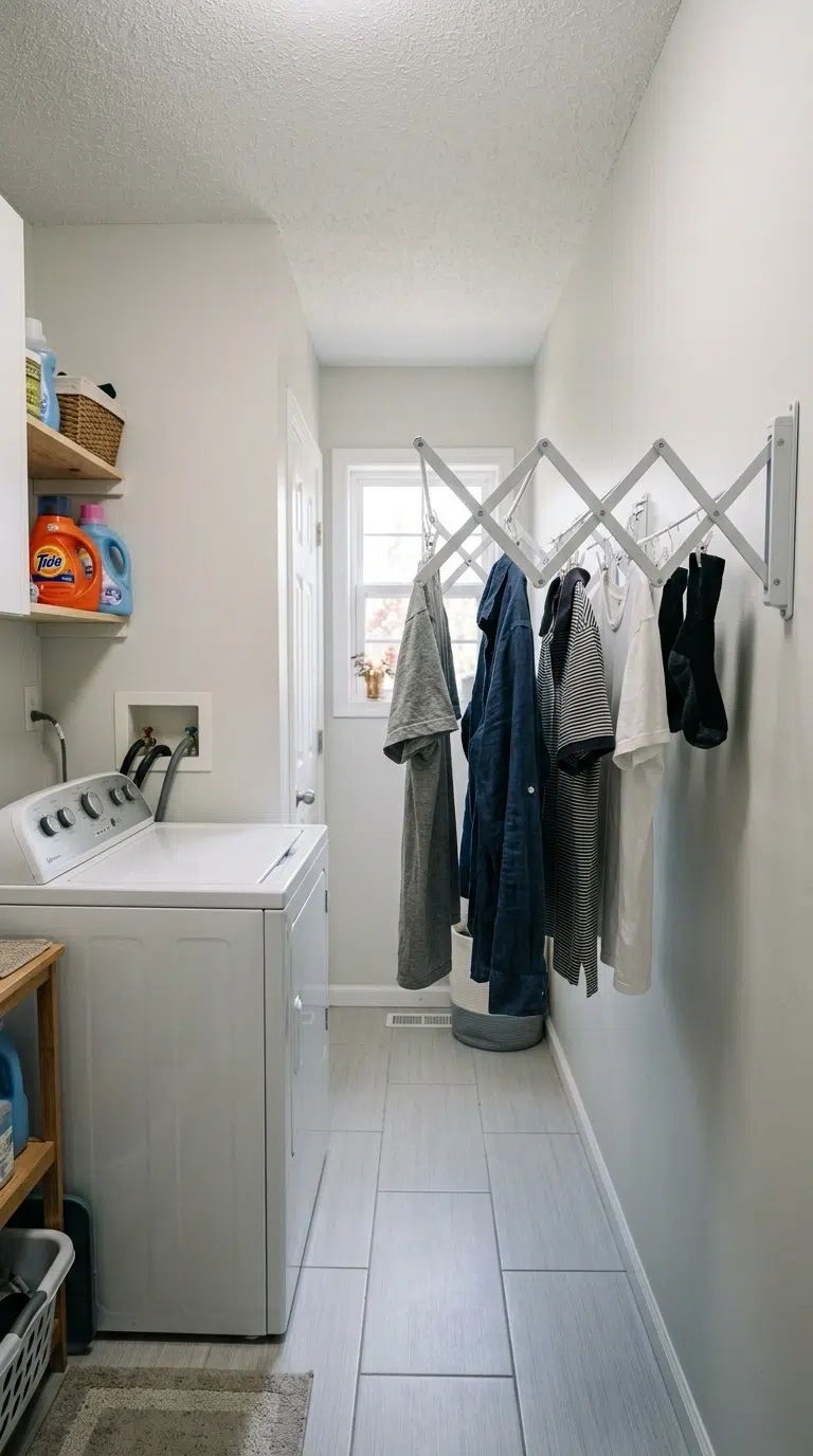 009 Retractable Drying Rack A narrow laundry room with