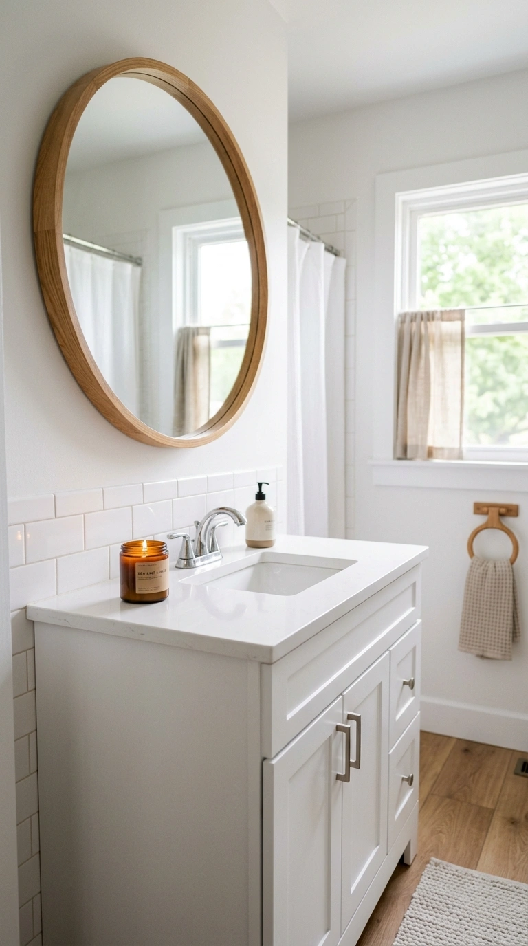 009 Round Mirror Accent A small bathroom with a round