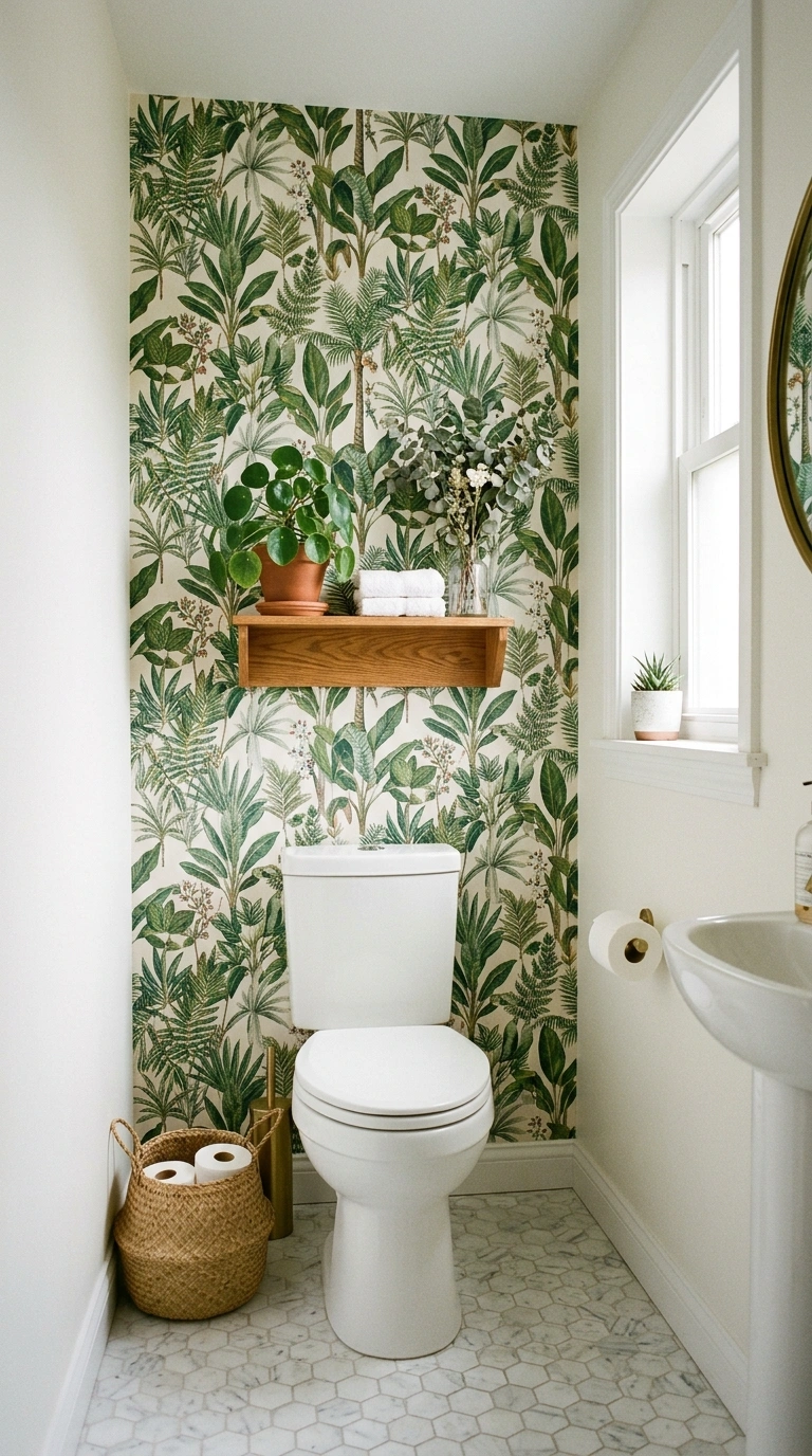 009 Wallpaper Accent Wall A bathroom with a botanical