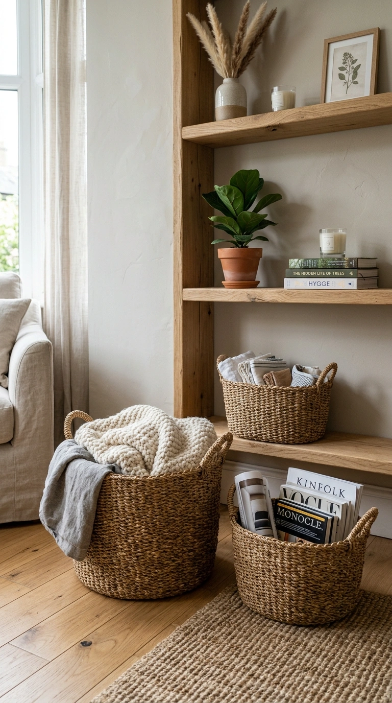 009 Woven Basket Storage A living room shelf and floor