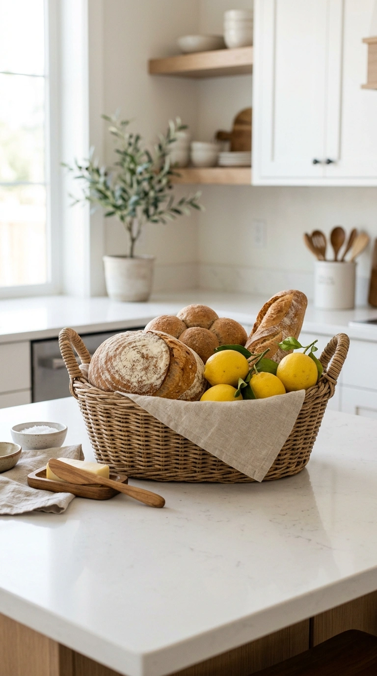 009 Woven Bread Basket A kitchen island countertop wit