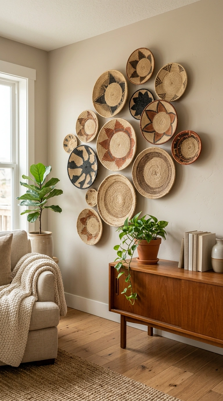 009 Woven Wall Basket A living room wall styled with a