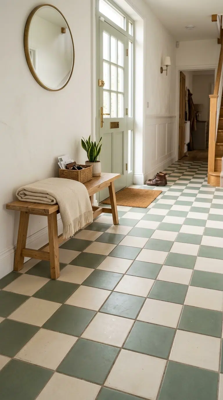 010 Checkerboard Flooring A bright entryway with a sof