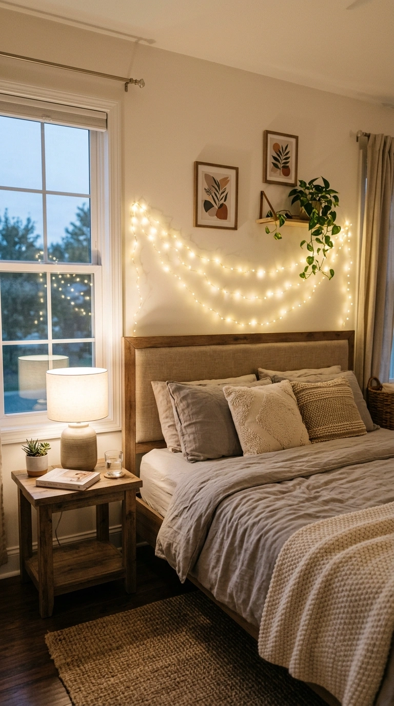 010 Hang String Lights A bedroom with warm white strin