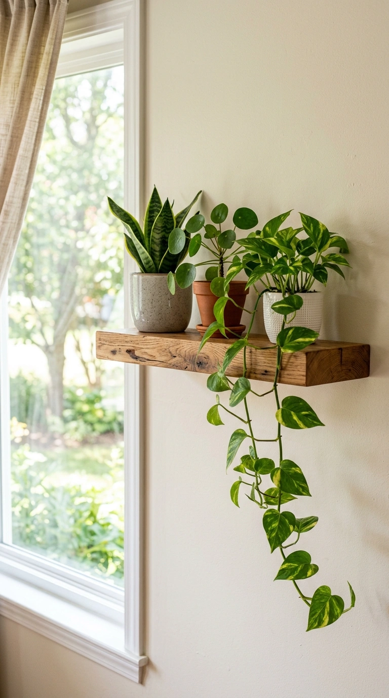 010 Hanging Plant Shelf A floating wood shelf near a w