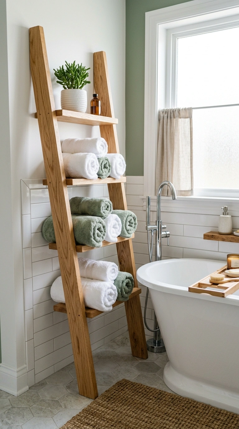 010 Ladder Towel Display A bathroom corner with a lean
