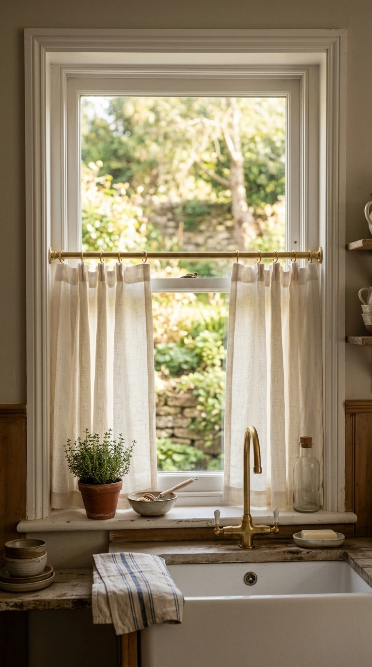 010 Linen Cafe Curtains A kitchen window above a sink