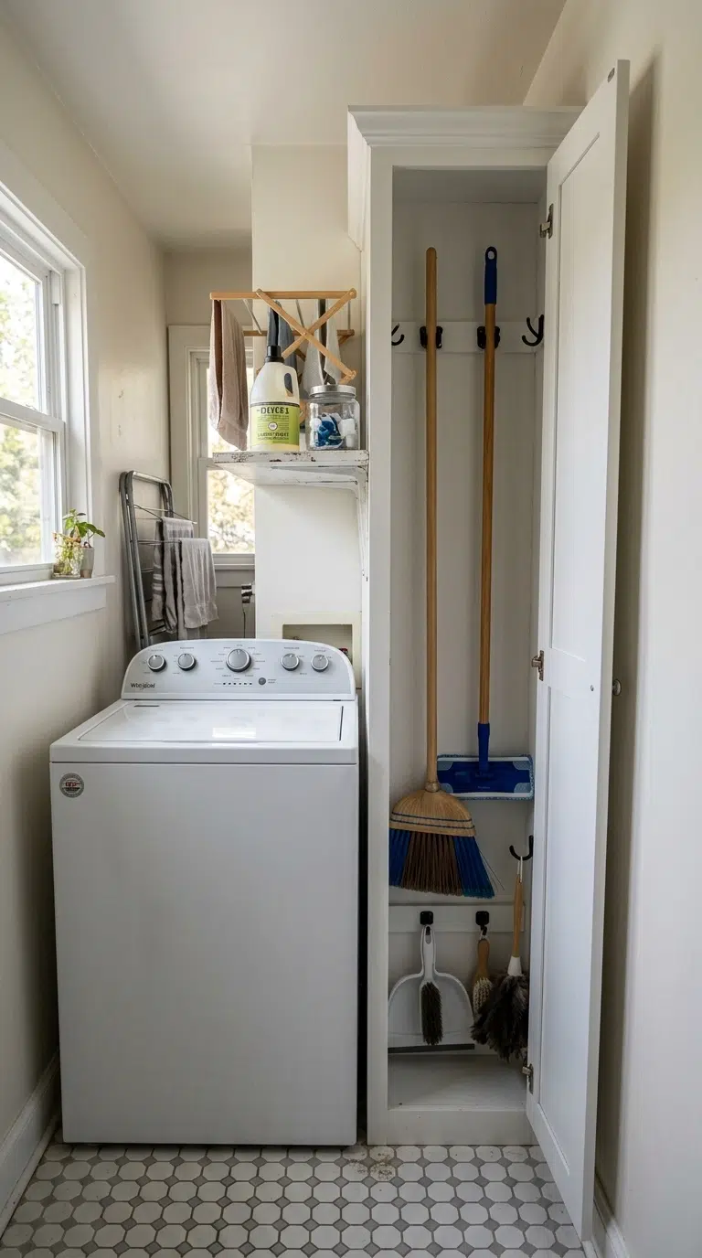 010 Narrow Broom Cabinet A narrow laundry room with a