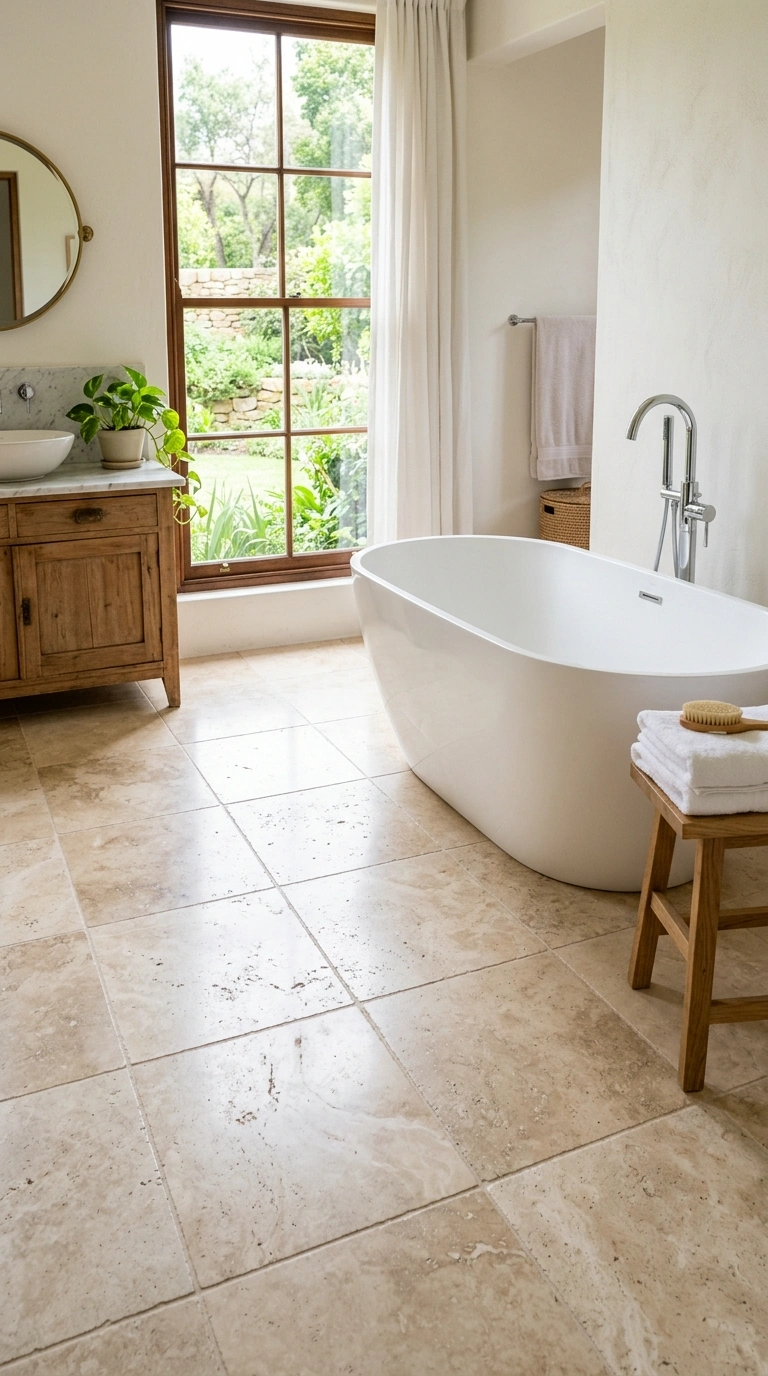010 Natural Stone Floor A bathroom with honed light tr