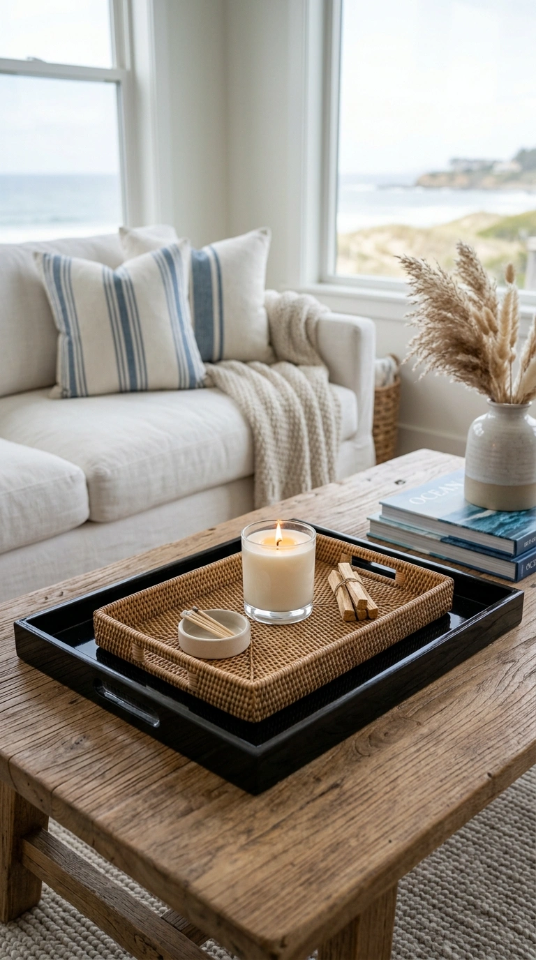 010 Rattan Tray Layer A coffee table with a small wove