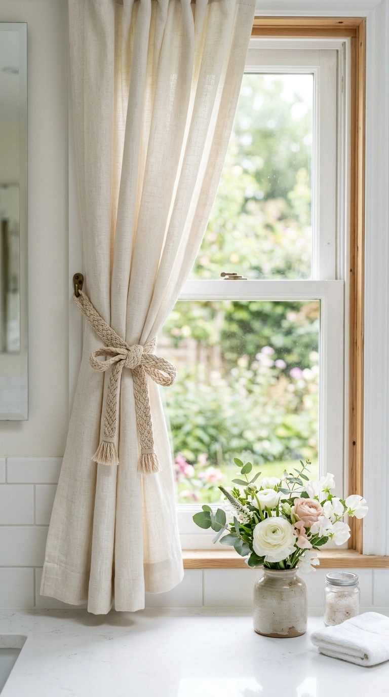 010 Ribbon Tieback Style A bathroom window with a soft