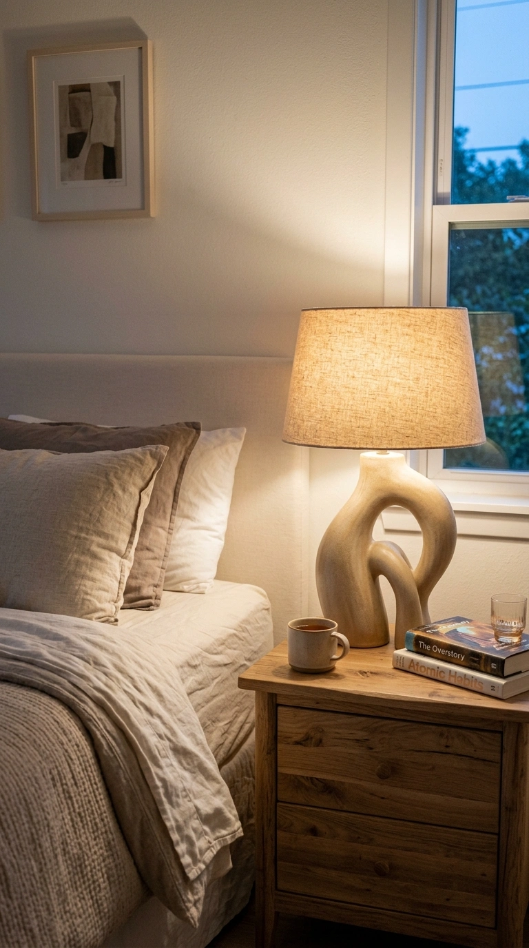010 Sculptural Table Lamps A nightstand with a sculptu