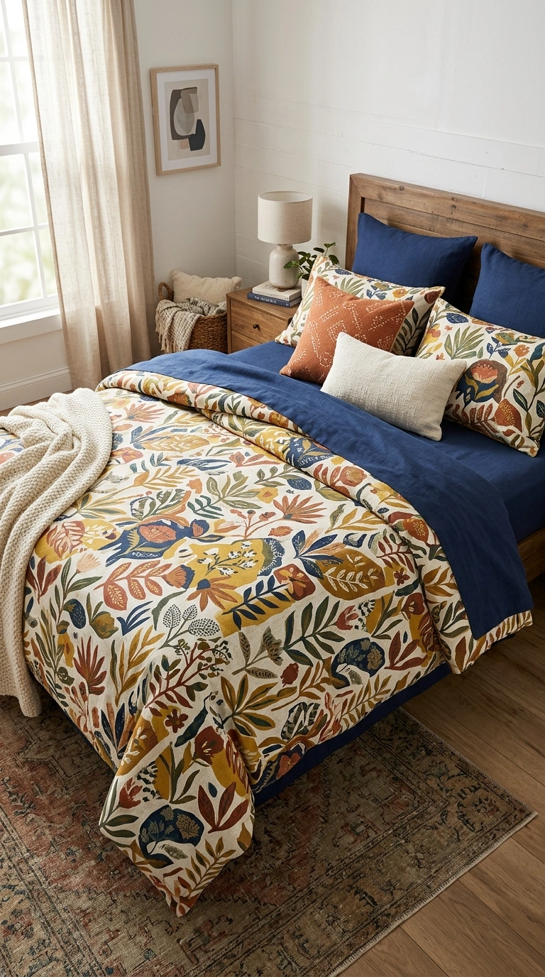 010 Statement Bedding Set A neatly made bed with a pat