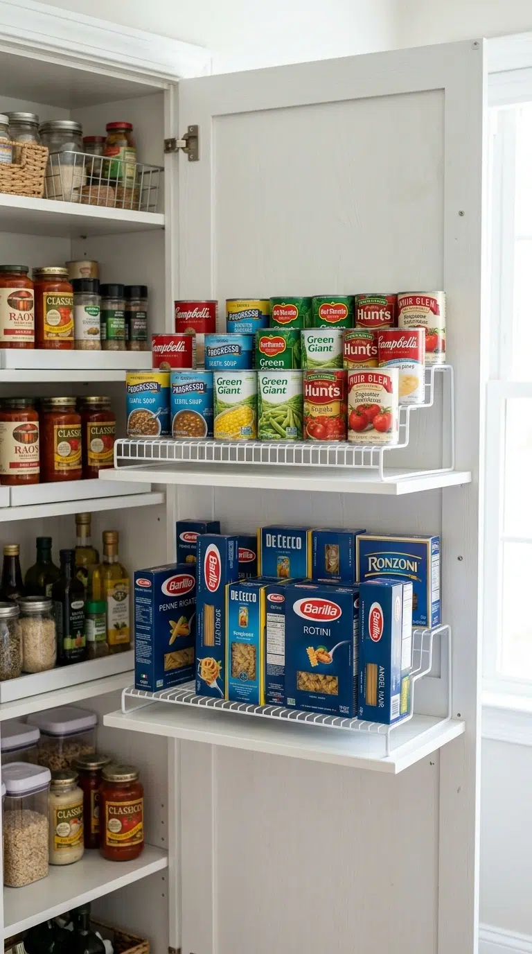 010 Tiered Pantry Shelves An open pantry cabinet with