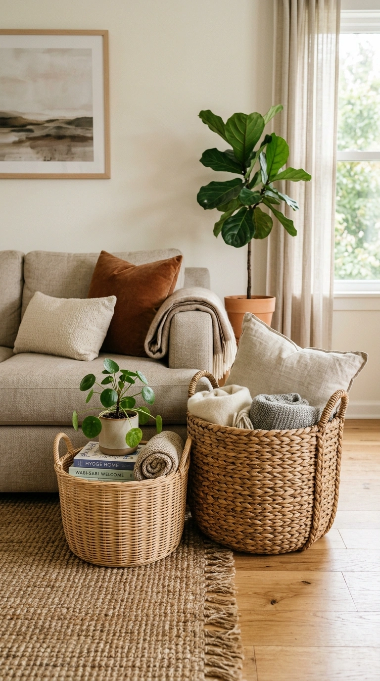 010 Use Woven Baskets A living room corner with two wo