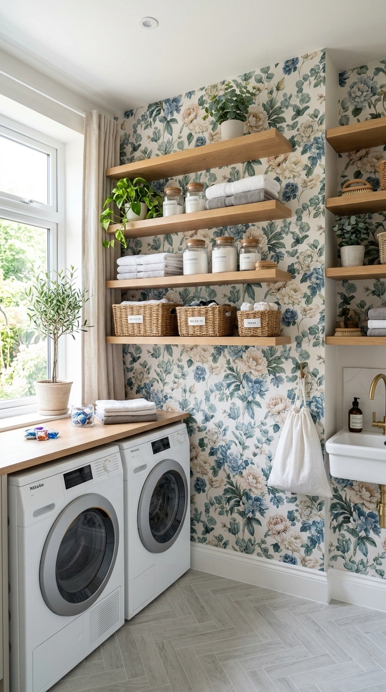 010 Wallpaper Accent Wall A laundry room with a floral