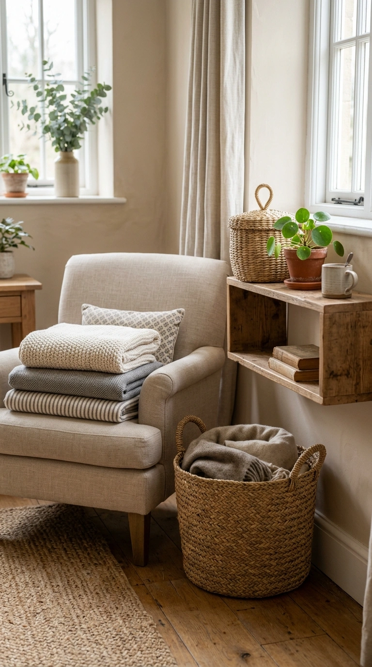 010 Woven Basket Storage A living room corner with a l