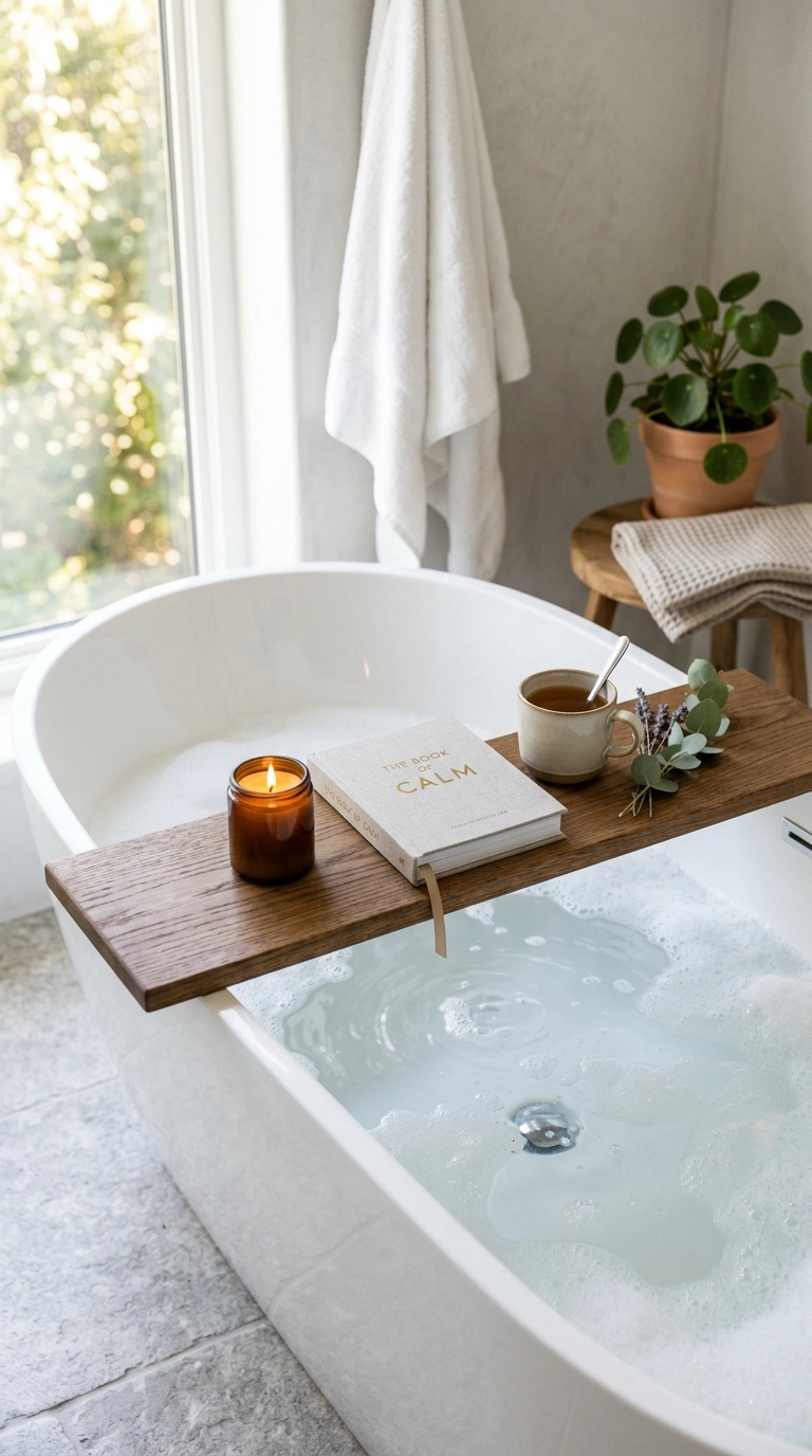 011 Bath Caddy Tray A freestanding white tub with a wo