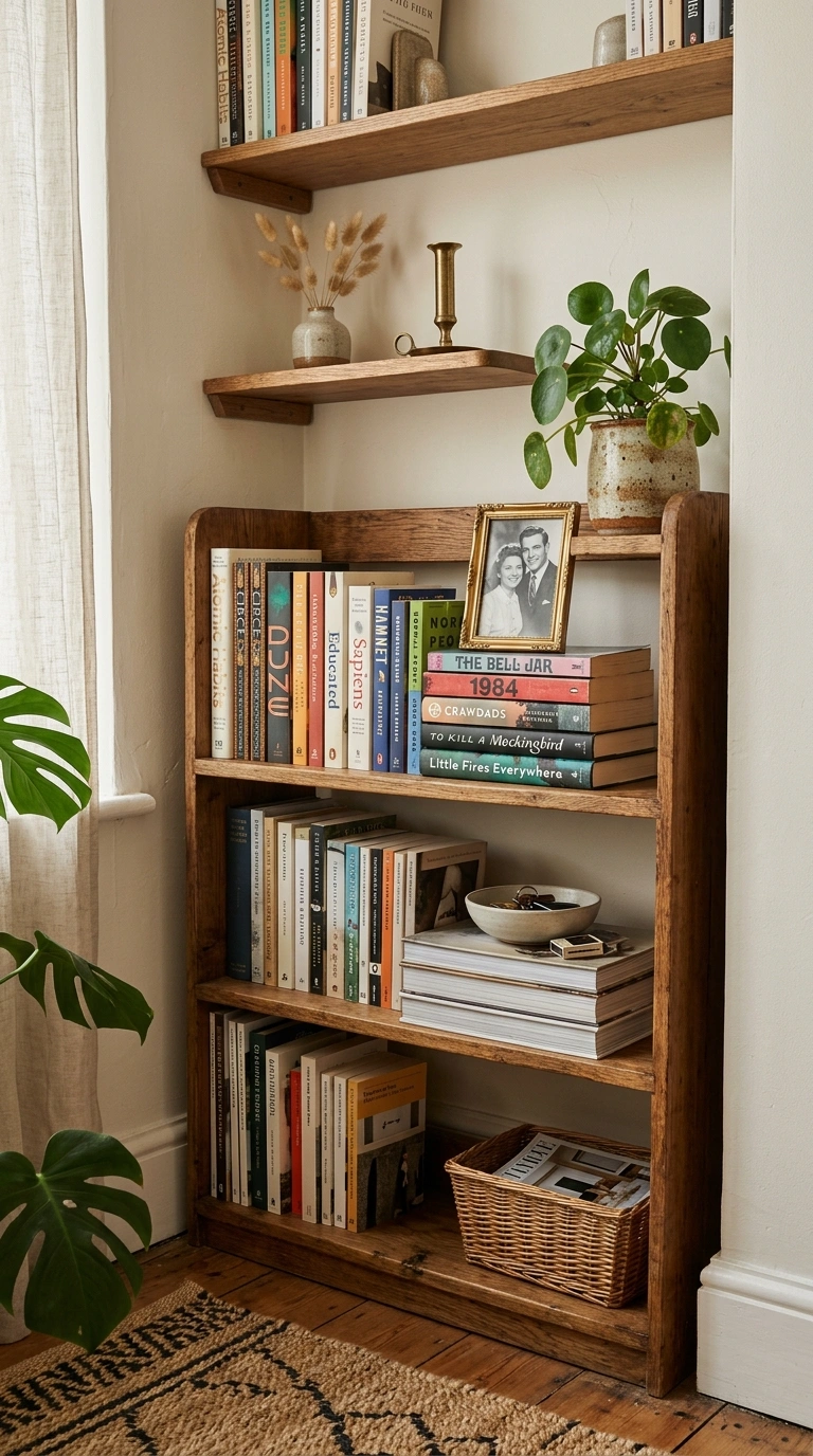 011 Bookshelf Styling Corner An open wooden bookshelf