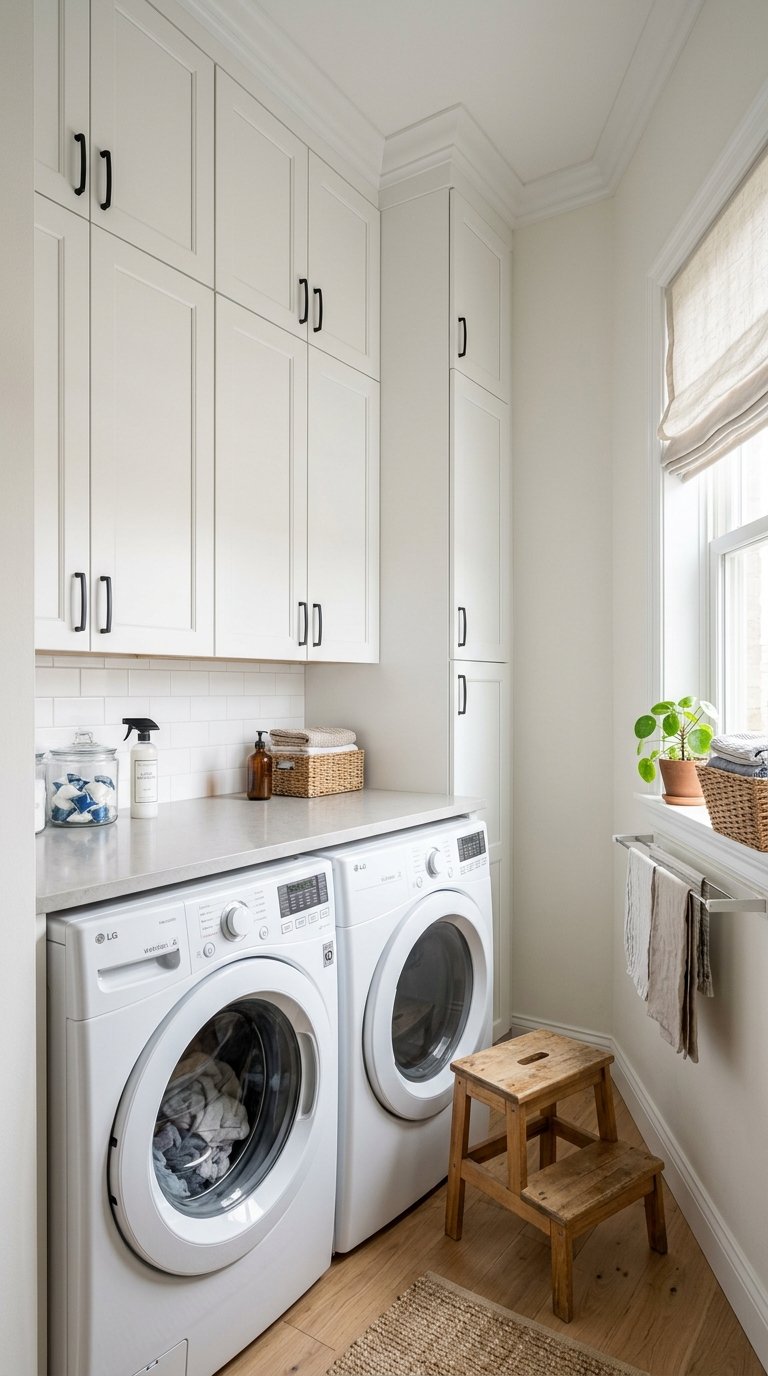 011 Ceiling High Cabinets A narrow laundry room with w