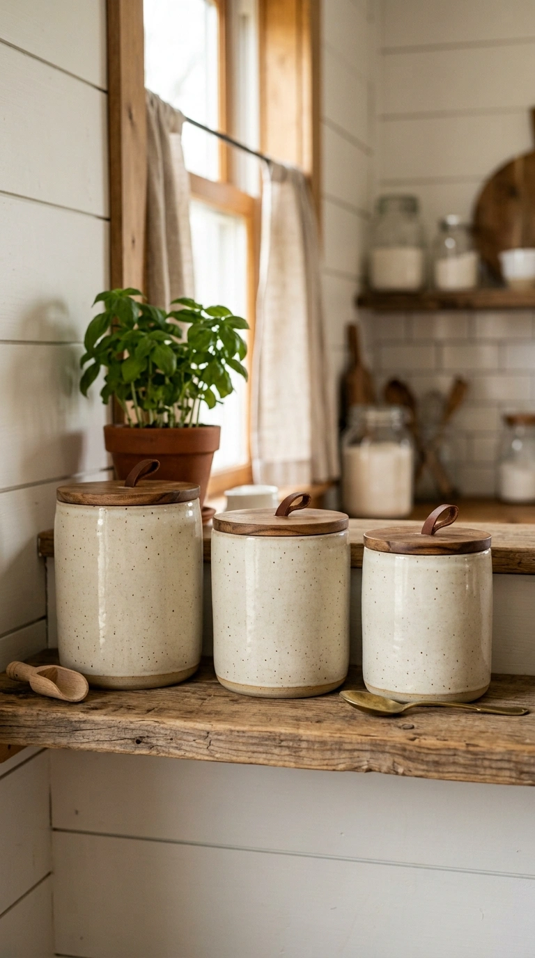 011 Ceramic Canister Display An open wood shelf styled