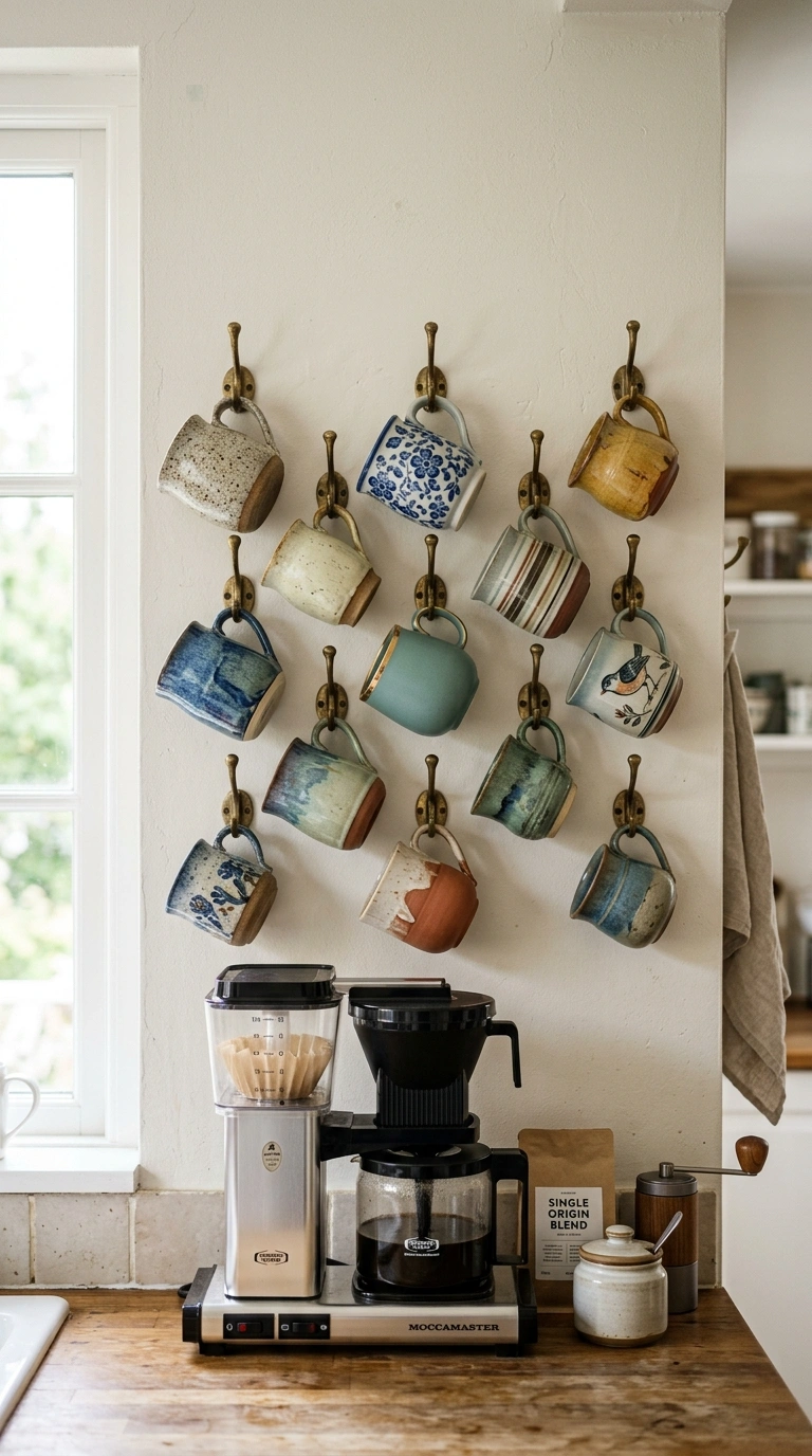 011 Ceramic Mug Wall A cluster of brass hooks mounted