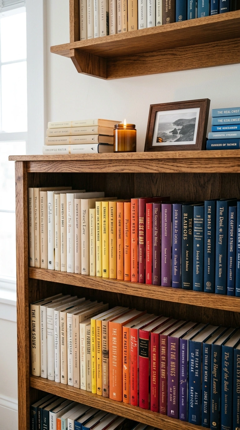 011 Color Coordinated Books A wood bookshelf with book