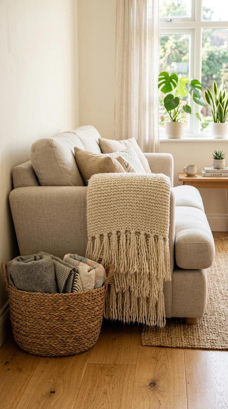 011 Fringe Throw Blanket A neutral colored sofa with a