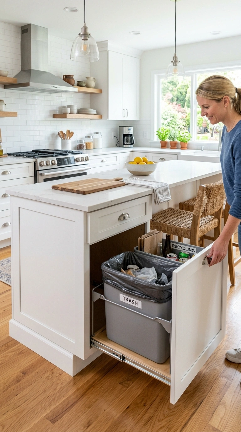 011 Hidden Trash Pullout A kitchen peninsula with a ba