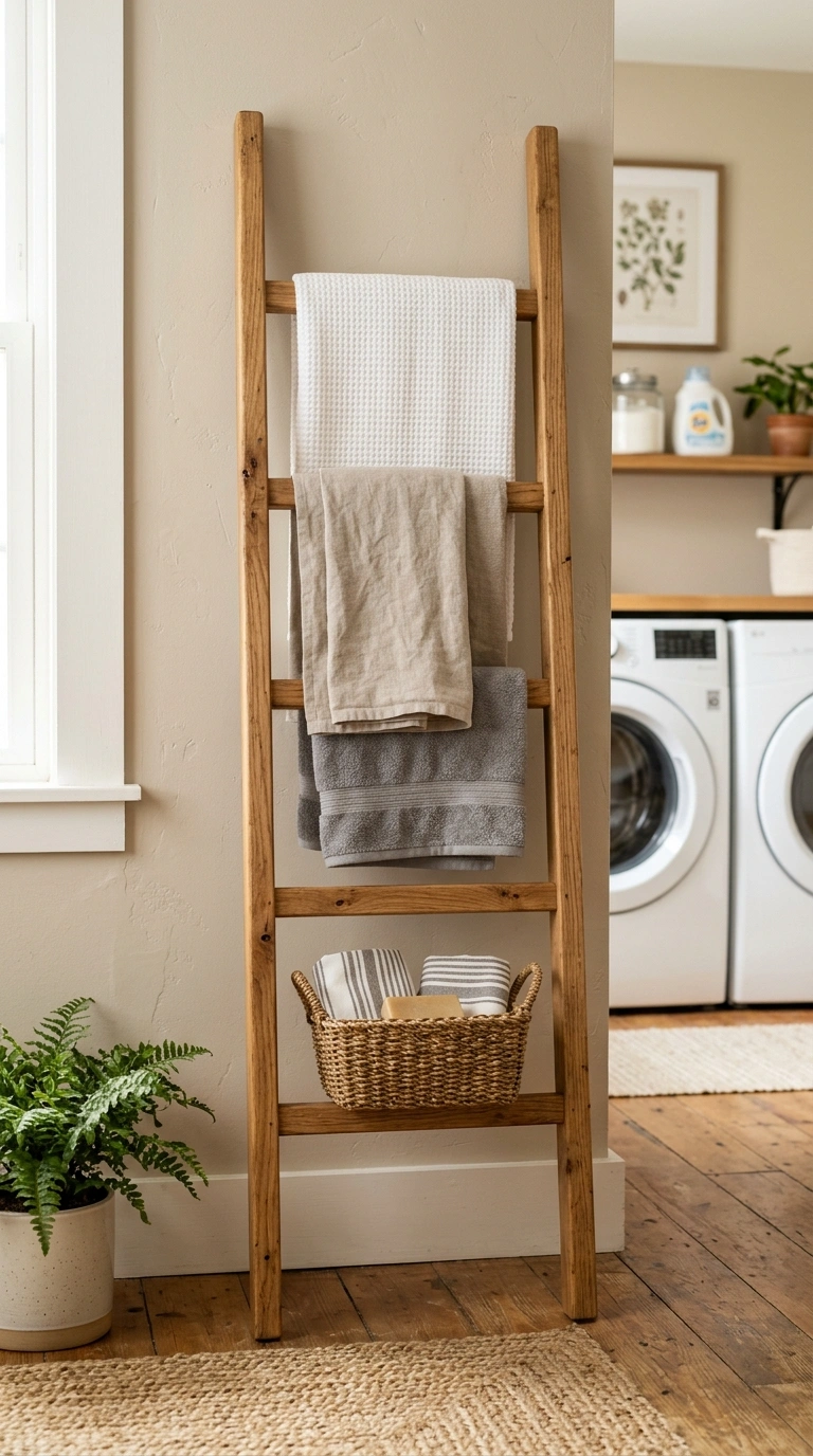 011 Ladder Towel Rack A wood ladder rack leaning again