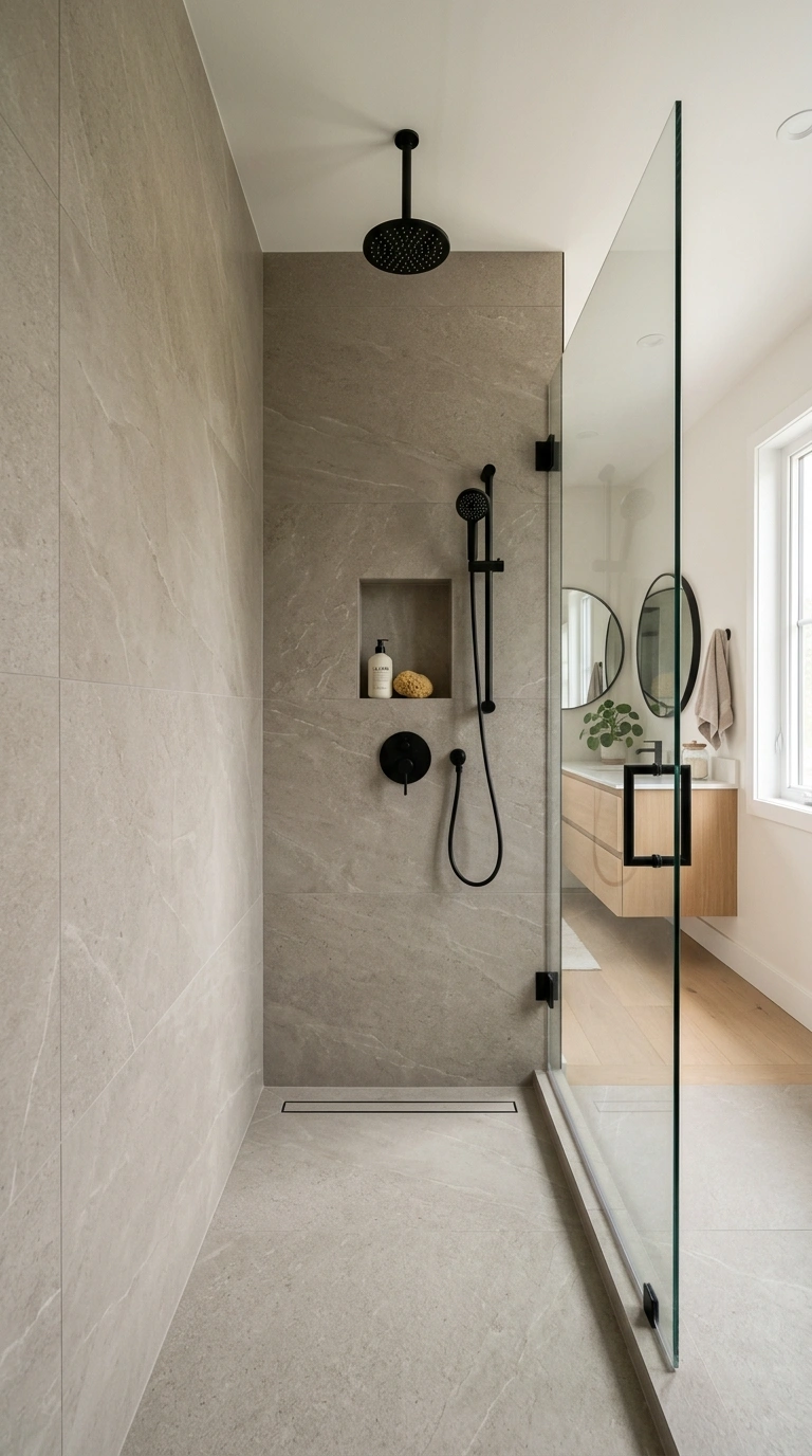 011 Large Format Slab Wall A modern shower with warm g