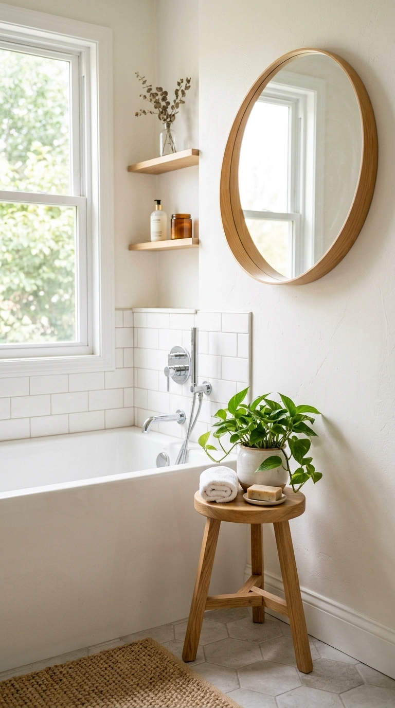 011 Light Wood Accents A small bathroom with a light w