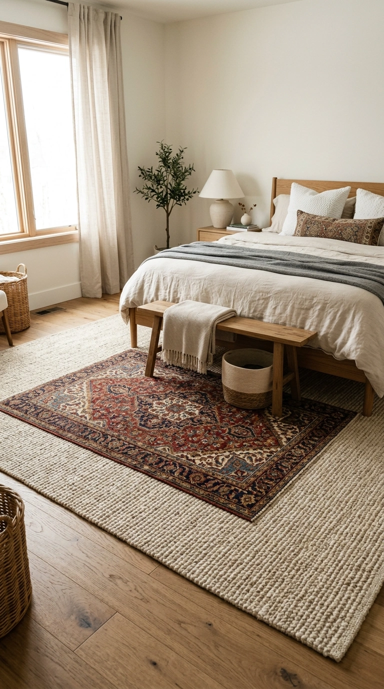 011 Rug Layering Trick A bedroom floor with a large ne