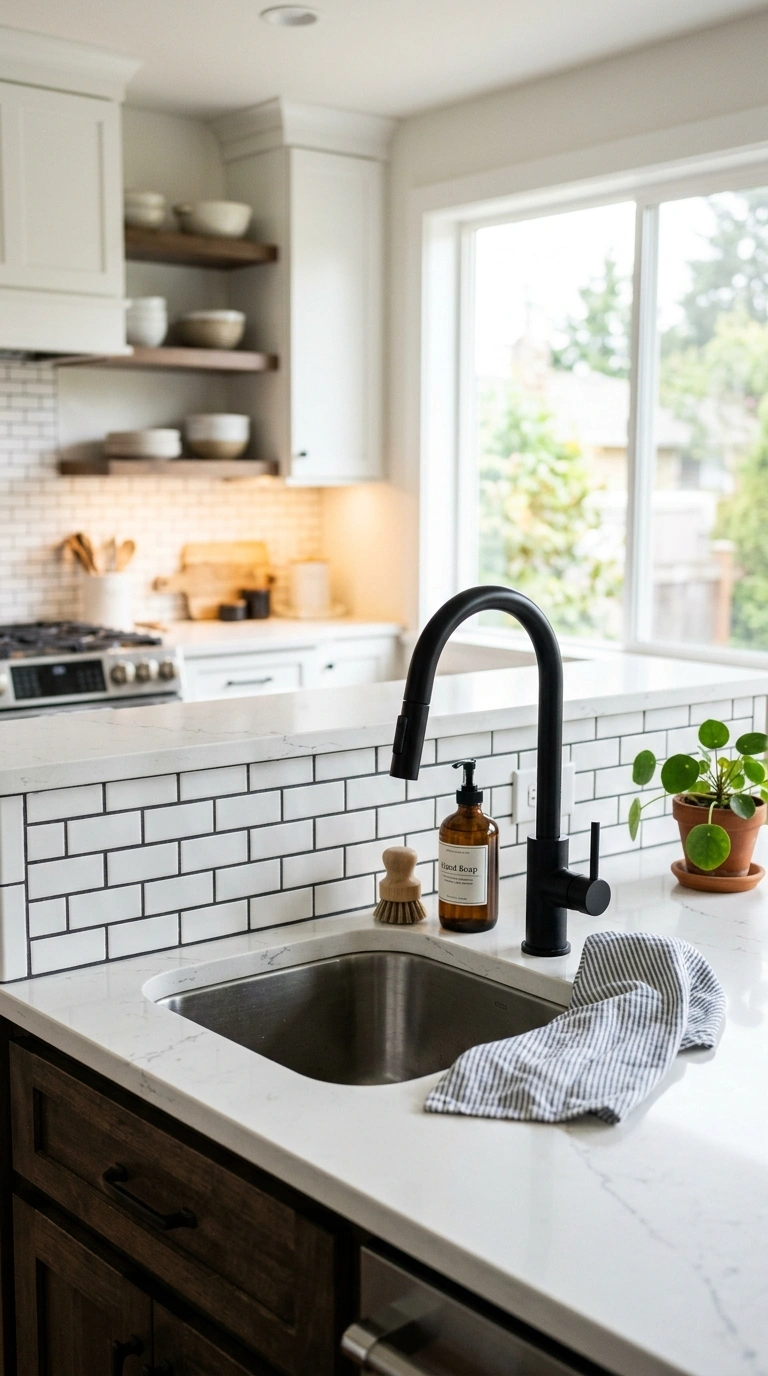 011 White Subway Backsplash A kitchen island with a sm