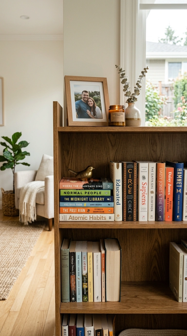 012 Bookshelf Styling A wood bookshelf styled with a m