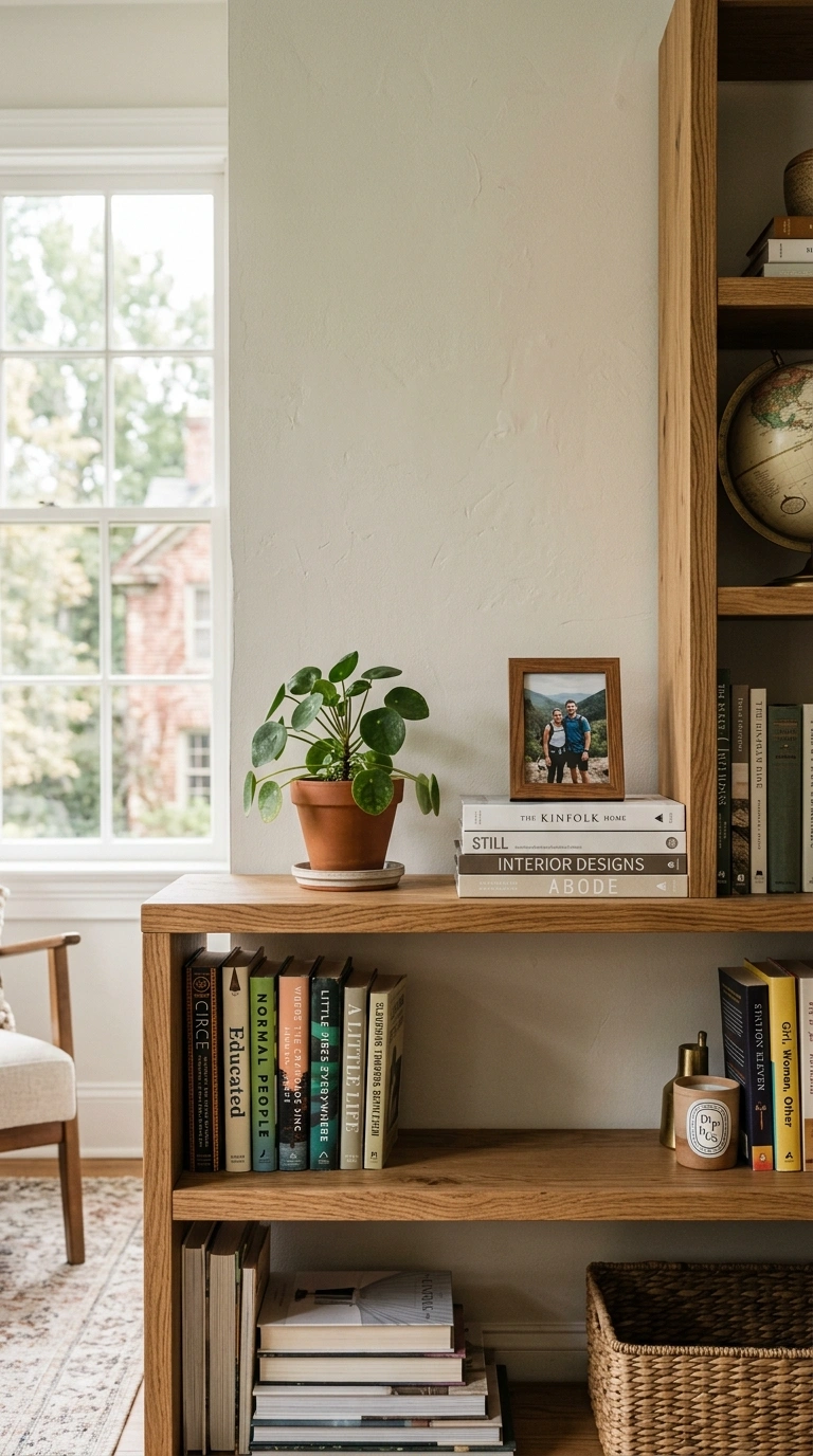 012 Bookshelf Styling Trick A wood bookshelf styled wi
