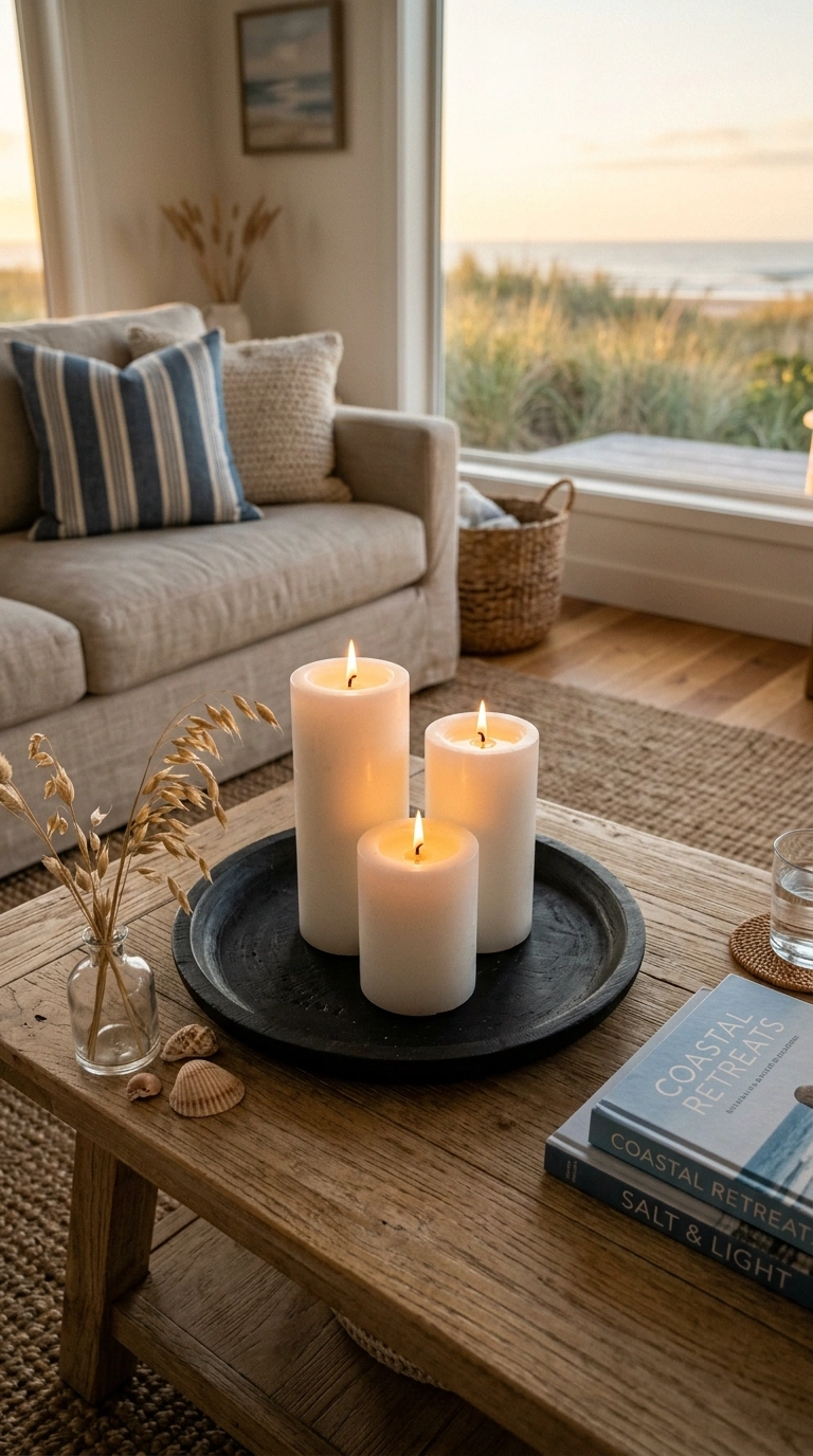 012 Candle Trio Grouping A coffee table with a black t