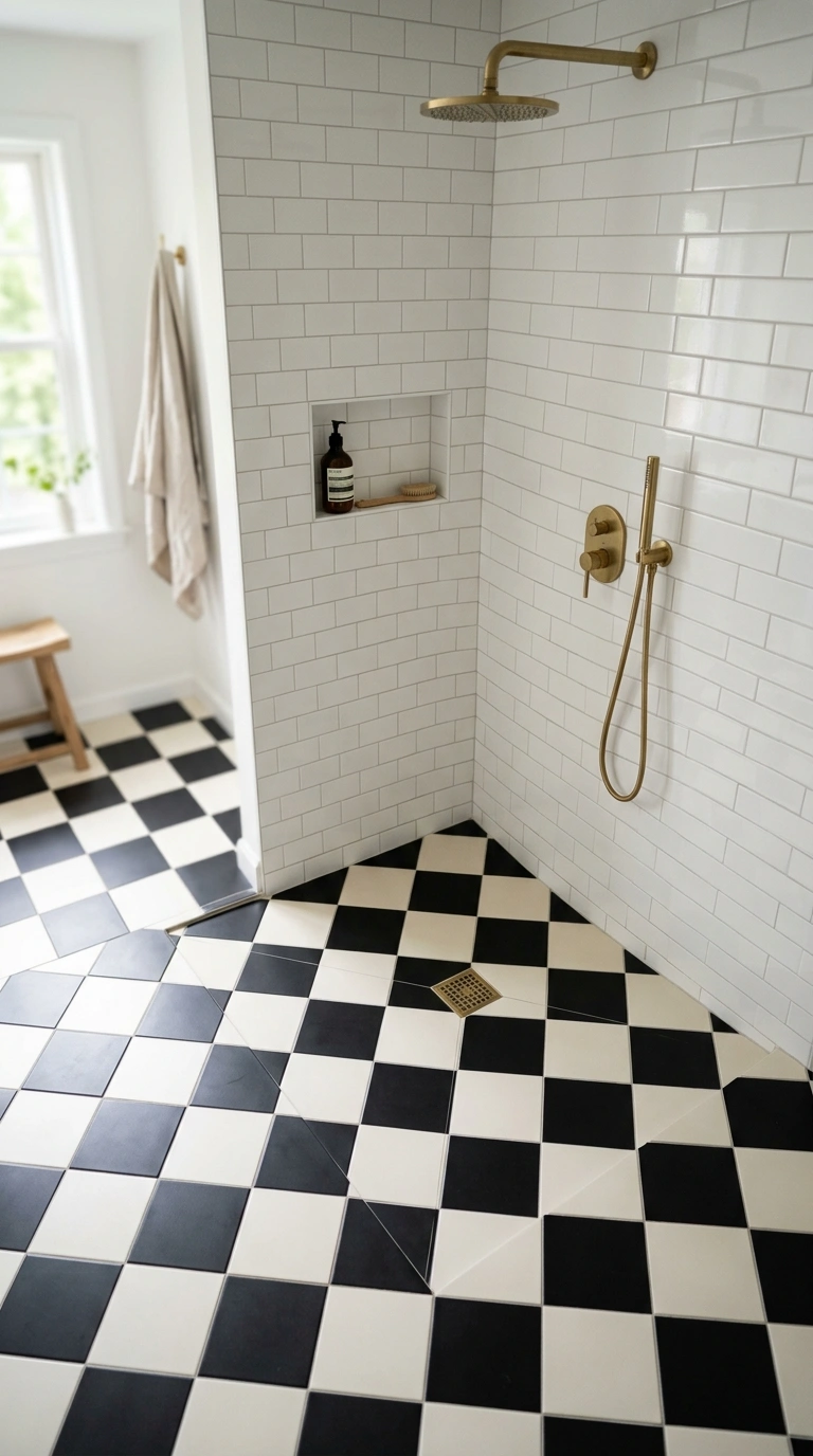 012 Checkerboard Floor Tile A walk in shower with no d