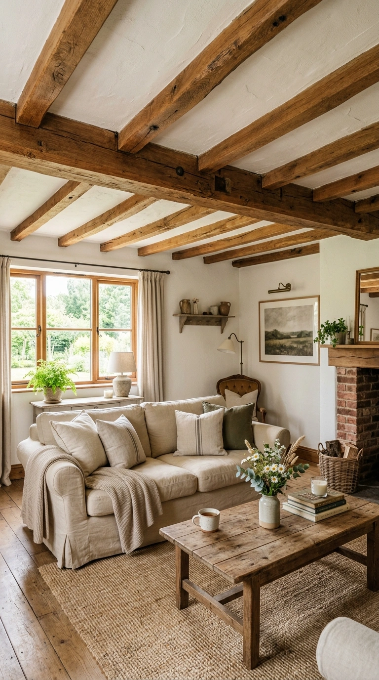 012 Farmhouse Wood Beams A living room with exposed wa